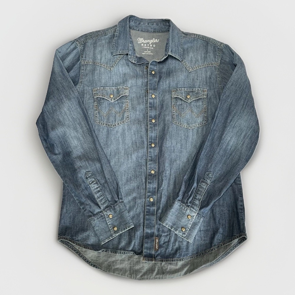Wrangler Western Shirt Men Large Blue Denim Retro Premium Cowboy Pearl Snap Tall